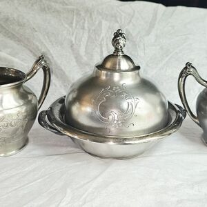 Antique Victoria Silverplate Sugar Bowl, Creamer And Covered Dish